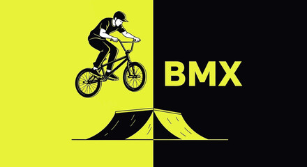 Obraz premium Bicycle Motocross Icon with Rider Performing Aerial Stunt on Ramp against Graphic Background