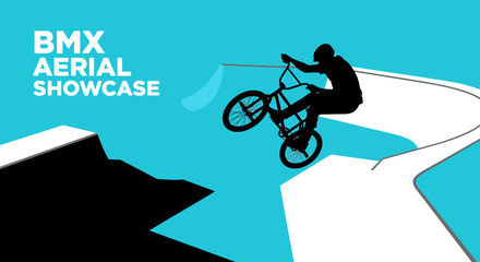 Naklejka premium BMX Aerial Stunt Performance Depicted Silhouetted Against a Vibrant Background Design