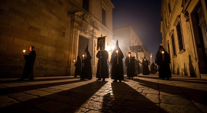 Penitents Carrying Candles In Night Procession