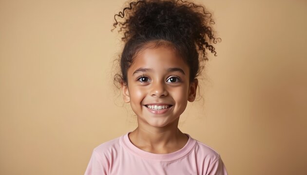 Young girl with curly dark hair smiles warmly. She wears a pink t-shirt, looking directly at viewer. Her face expresses joy and innocence against a plain background. This is a studio portrait.