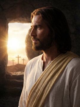 Jesus Christ Rising from Tomb with Golden Light and Three Crosses on Calvary