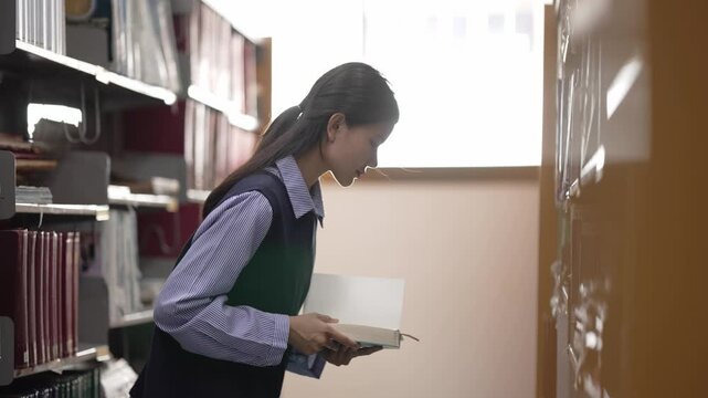 Young Asian Woman University Student Reading Books Alone in Library