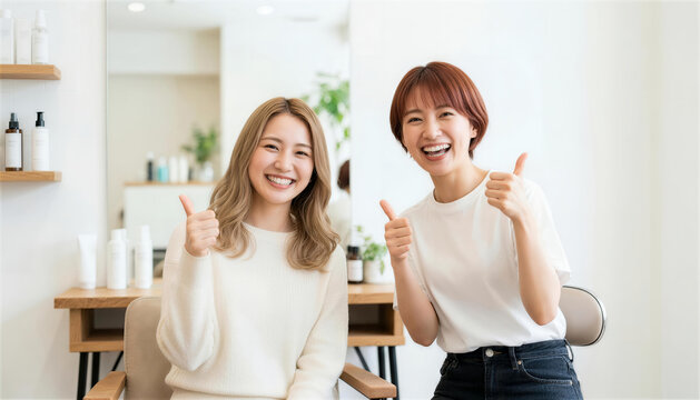 美容室で笑顔でグッドサインをする女性美容師と女性客