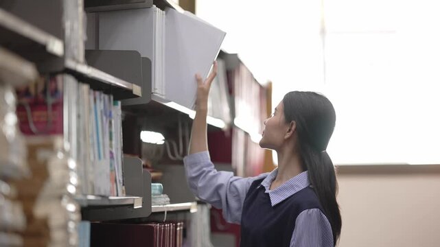 Young Asian Woman University Student Reading Books Alone in Library