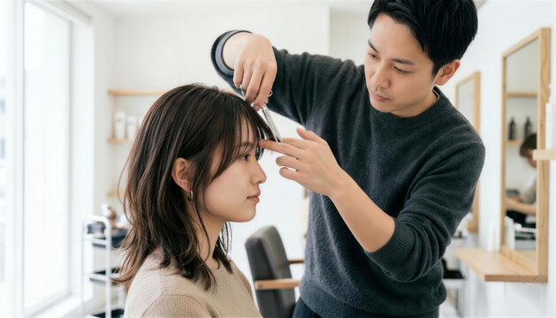 美容室で女性客の前髪をカットする男性美容師