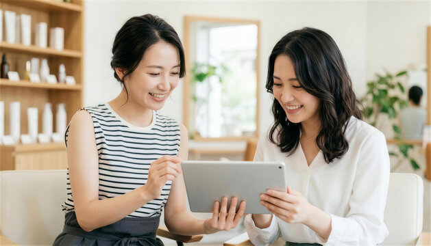美容室でタブレットを見ながら女性客と楽しくカウンセリングする女性美容師