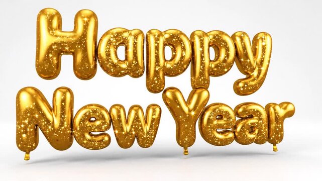 Luxurious 3D Happy New Year Text Featuring Golden Sparkle Bubble Inflated Font Isolated on Pristine White Background for Festive Celebration Graphics