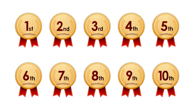1周年から10周年までのアニバーサリーメダルセット｜リボン付き記念バッジ・ベクター : anniversary icon 17