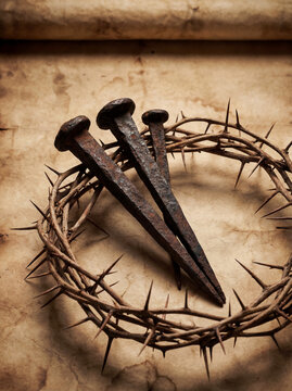 Crown of Thorns and Three Crucifixion Nails on Ancient Parchment Background