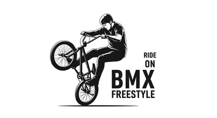 Obraz premium BMX Freestyle Rider Performing a Wheelie, Action Silhouette Against White Background