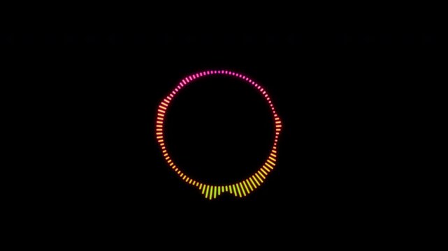 Dynamic circle audio spectrum animation with vibrant frequency waves forming a smooth rotating ring 4K resolution on alpha channel background.