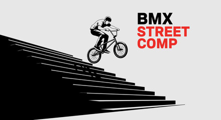 Obraz premium BMX Rider Jumping Over Stairs in a Monochrome Street Competition Design