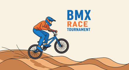 Obraz premium BMX Rider Jumping Over Desert Hills During Tournament, Vector Illustration
