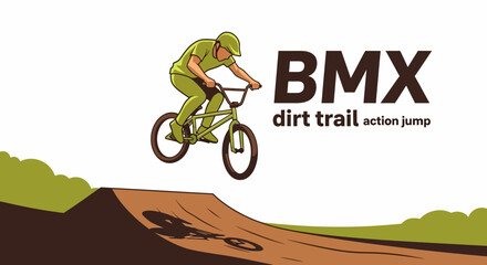 Obraz premium BMX Rider Performing Stunt Jumping Dirt Trail On A Sunny Day With Cool Illustration