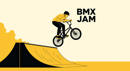 Naklejka premium BMX Rider Performing Stunt on Ramp During Competition With Simplified Illustration