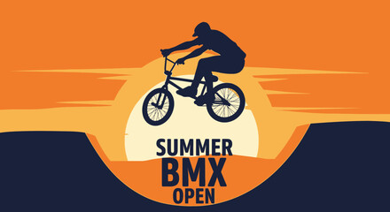 Naklejka premium BMX Rider Performing Stunt Silhouette At Sunset, Summer Open Event Graphic Design