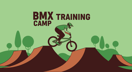 Naklejka premium BMX Training Camp With Rider Performing Stunts On Dirt Jumps