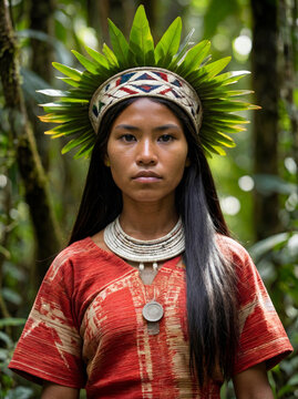 Brazilian Indigenous Woman in Traditional Dress Standing in Amazon Rainforest
