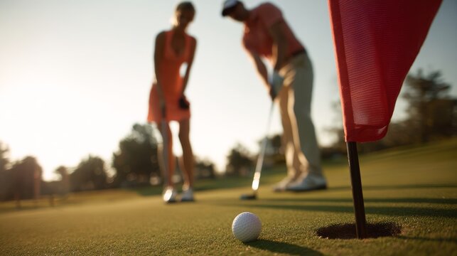 Golfer putting on a manicured green while female partner holds the flagstick on a sunny golf course, capturing outdoor sports, summer leisure, teamwork, and scenic golfing landscape with lush fairways