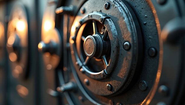 Closeup of a thick metallic vault wheel mechanism. Heavy steel door dial with intricate details. Bank security safe interior gear close up. Safety and finance concept.