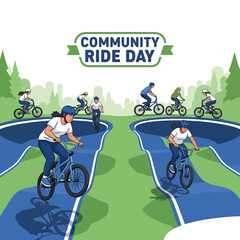 Naklejka premium Community Ride Day Illustration Depicting Cyclists Enjoying Bike Park Activities Outdoors Together