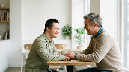 Fototapeta premium Adult man with Down syndrome and an older man hold hands and talk at a table, sharing a deep and supportive connection, intergenerational friendship, caring bond.