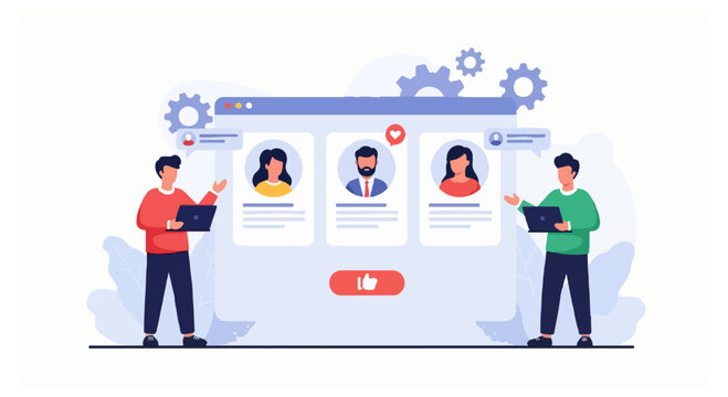 A flat vector illustration of two men with laptops interacting with a large web browser interface showing user profiles and social media icons.