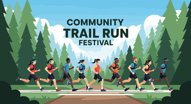 Community Trail Run Festival Depicting Runners In Forest Environment For An Event