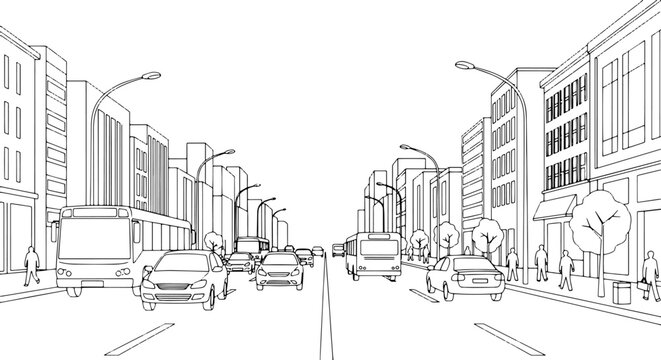 City street with cars and buildings.