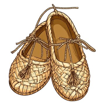 Bast Shoes - Traditional Slavic Footwear Illustration with Woven Texture and Tassels.