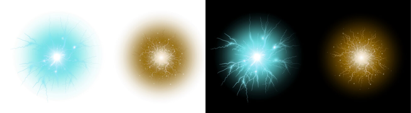 A PNG image of&nbsp;Collection of vibrant cyan and gold electrical energy bursts with bright central flares and lightning discharges on transparent background
