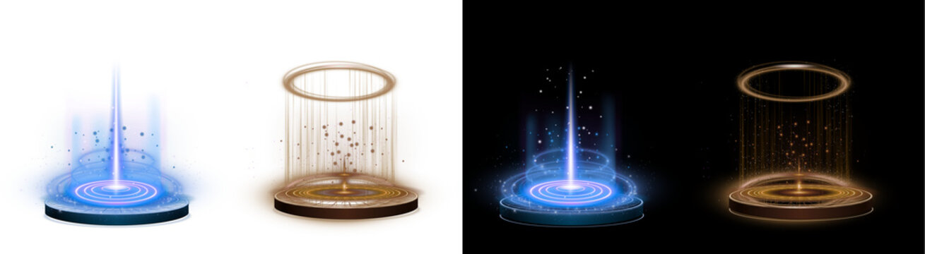 A PNG image of&nbsp;Futuristic holographic projection podium featuring glowing blue and orange energy fields creating abstract teleportation visual effects on transparent background