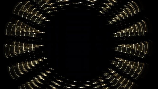 Luminous Toroidal Sphere of Stacked Arc Bands in Gold on Black. Created in After Effects.
