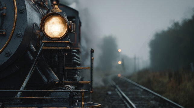 Locomotive front, headlamp glow, foggy railway, vintage train, moody atmosphere, metal detail