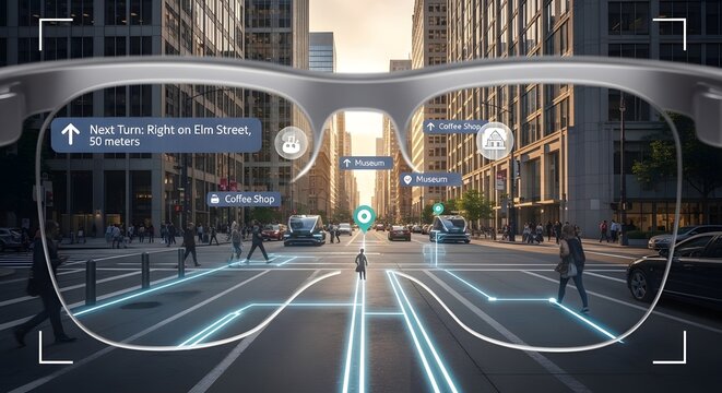 Augmented Reality Navigation Overlaying a City Street Scene Through Smart Glasses