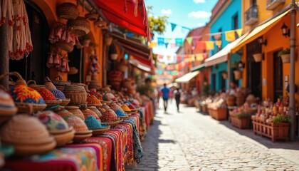 Obraz premium Colorful market street lined with stalls displaying woven baskets filled with spices and crafts. People walk past vibrant buildings and festive flags under a bright blue sky.
