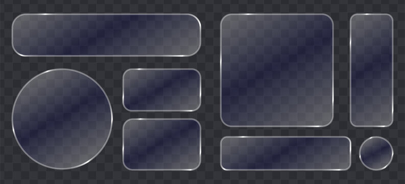 Set of glassmorphism style buttons and frames with glossy borders