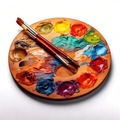Obraz premium Wooden palette with paints & brushes ready for art