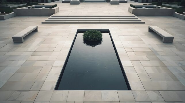 A serene panoramic view of a formal memorial plaza paved with light travertine stone, featuring a still reflecting pool and monumental architecture.