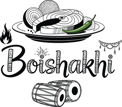 Boishakhi Bengali New Year food illustration with traditional sweets panta ilish typography drums cultural festive vector black and white design