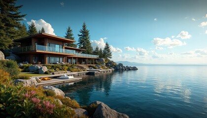 Obraz premium Luxury modern wooden house with large windows sits on rocky shore. Two levels offer balconies and deck space by calm blue water. Rich green trees surround this waterside estate.
