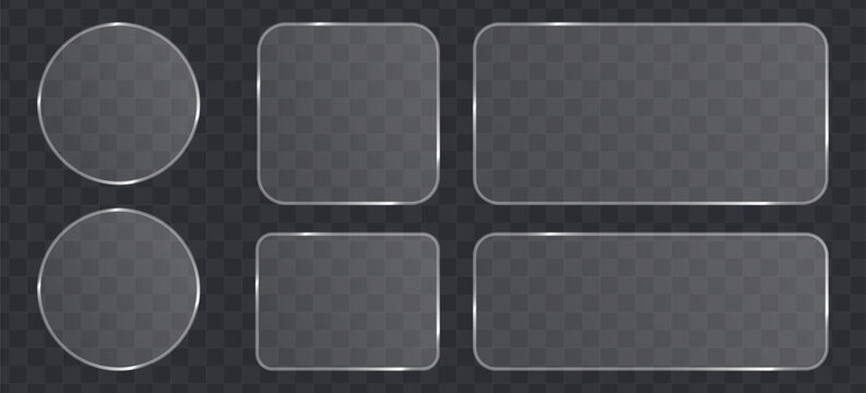 Set of glassmorphism frames, transparent glossy plates with rounded corners and circles