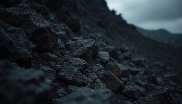 Jagged dark volcanic rocks scatter across barren land. Rough stone texture details terrain under cloudy grey sky. Stark desolate landscape shows volcanic terrain.