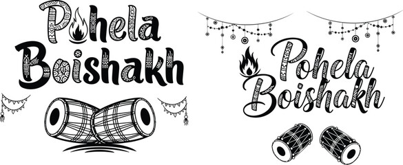 Pohela Boishakh vector illustration, Bengali New Year typography design, traditional drum dhol, festive calligraphy, cultural celebration, Bangladesh festival artwork © NASRIN