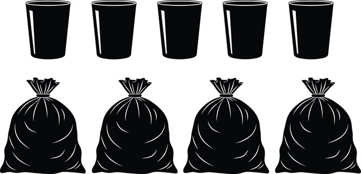 Trash bags and bins silhouettes collection, garbage disposal and waste management concept, household cleaning items, sanitation equipment, recycling and environment care, black silhouette vector 