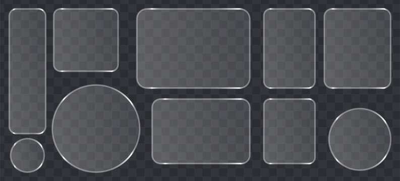 Set of glassmorphism frames, frosted glass plates, transparent ui elements with rounded corners