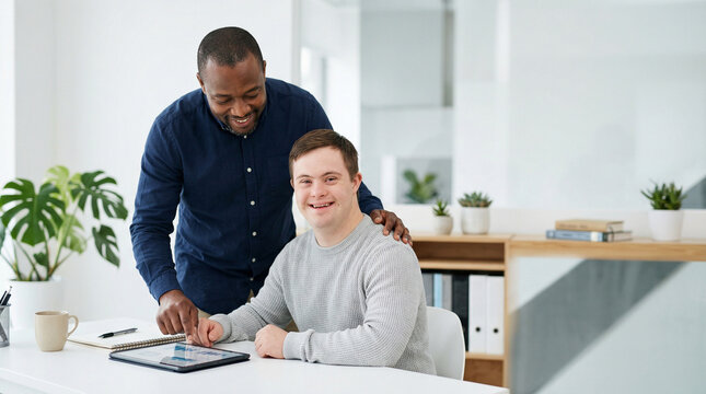 A black male mentor stands by a young man with Down syndrome who is using a laptop in a bright office. inclusive workplace, professional growth, mentorship, corporate diversity.