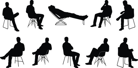 Man sitting silhouettes collection, different seated poses on chair, relaxed and thinking positions, casual lifestyle concept, body language variety, black silhouette vector illustration set © Masuduzzaman