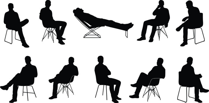 Man sitting silhouettes collection, different seated poses on chair, relaxed and thinking positions, casual lifestyle concept, body language variety, black silhouette vector illustration set