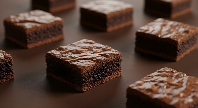 Several rich chocolate brownies scattered on a dark surface, showcasing their delicious texture and inviting appearance
